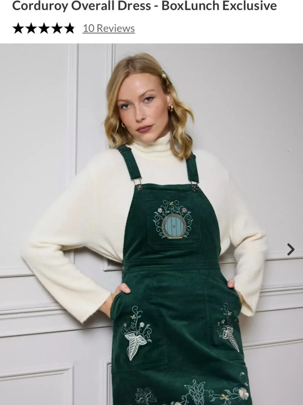 LOTR BoxLunch Embroidered Corduroy Overall Dress in Deep Green - Picture 1 of 7